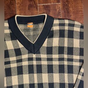 Vintage M Original Black & Beige Plaid Knit V-neck Sweater Size Xl Long Sleeve